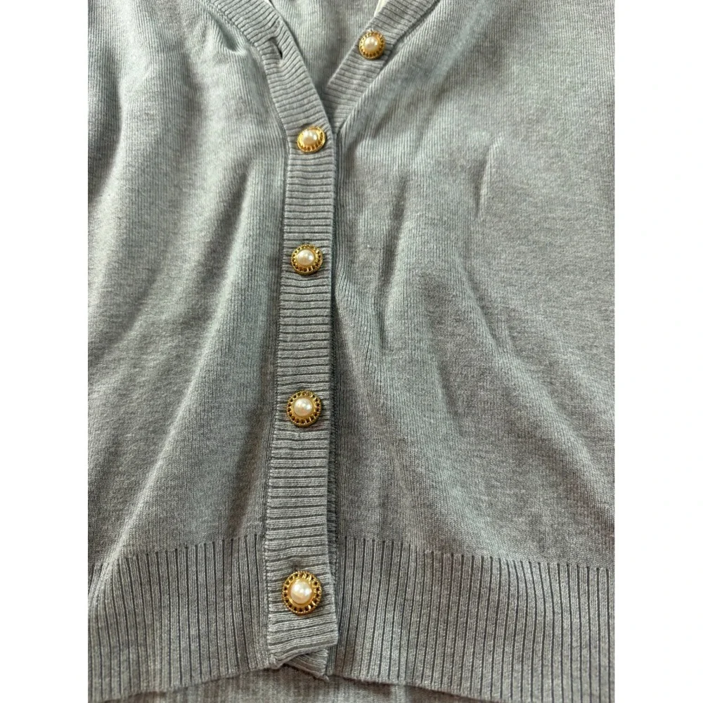 Adrianna Papell Mixed Media Cardigan Grey Knit White Chiffon Sleeve Pearl Button